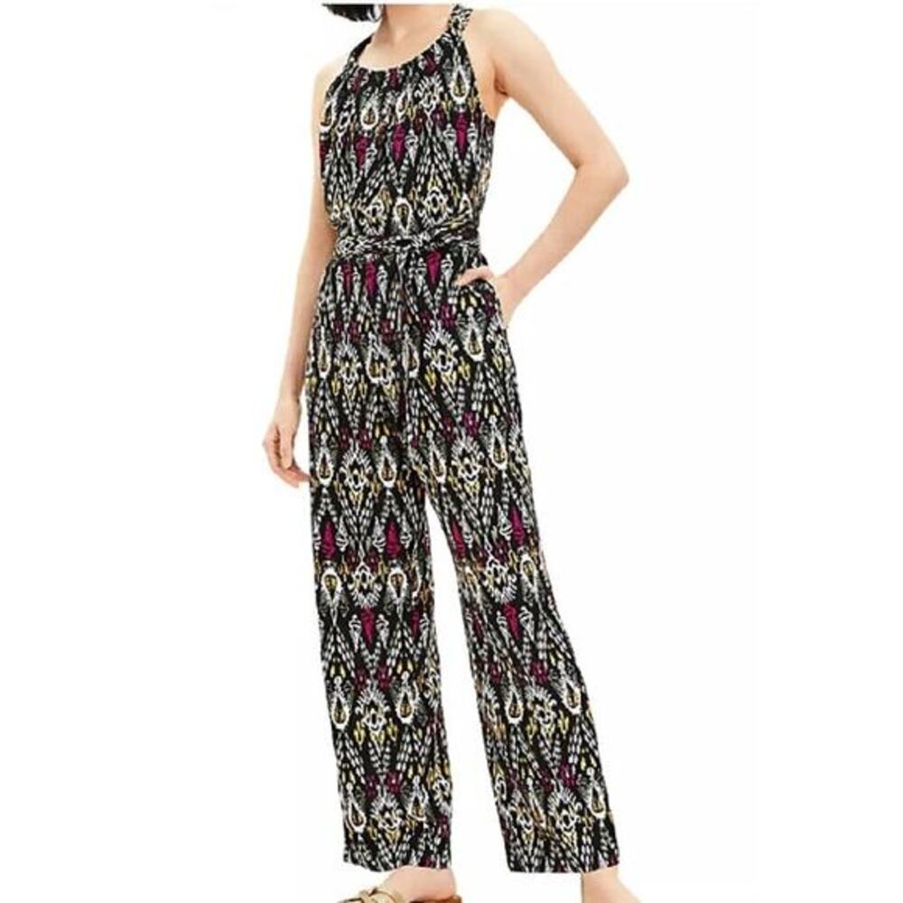 LOFT Black Multi-Color Ikat Belted Scoop Neck Jumpsuit Size XXL -‎ NWT